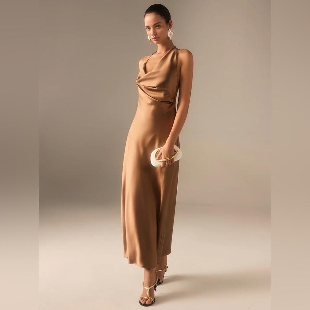 Satin Cowl Neck Slip Dress in Camel